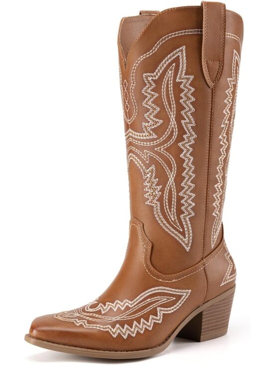 Shoes - Women's Tan Leather Square Toe Embroidery Western Mid Calf Cowgirl Boots